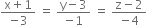 fraction numerator straight x plus 1 over denominator negative 3 end fraction space equals space fraction numerator straight y minus 3 over denominator negative 1 end fraction space equals space fraction numerator straight z minus 2 over denominator negative 4 end fraction