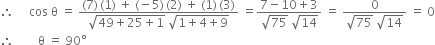 therefore space space space space space cos space straight theta space equals space fraction numerator left parenthesis 7 right parenthesis thin space left parenthesis 1 right parenthesis space plus space left parenthesis negative 5 right parenthesis thin space left parenthesis 2 right parenthesis space plus space left parenthesis 1 right parenthesis thin space left parenthesis 3 right parenthesis over denominator square root of 49 plus 25 plus 1 end root space square root of 1 plus 4 plus 9 end root end fraction space equals fraction numerator 7 minus 10 plus 3 over denominator square root of 75 space square root of 14 end fraction space equals space fraction numerator 0 over denominator square root of 75 space square root of 14 end fraction space equals space 0
therefore space space space space space space space space straight theta space equals space 90 degree