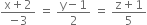 fraction numerator straight x plus 2 over denominator negative 3 end fraction space equals space fraction numerator straight y minus 1 over denominator 2 end fraction space equals space fraction numerator straight z plus 1 over denominator 5 end fraction