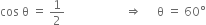 cos space straight theta space equals space 1 half space space space space space space space space space space space space space space space space space space space space rightwards double arrow space space space space space straight theta space equals space 60 degree