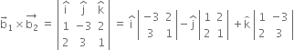 straight b with rightwards arrow on top subscript 1 cross times stack straight b subscript 2 with rightwards arrow on top space equals space open vertical bar table row cell straight i with hat on top end cell cell straight j with hat on top end cell cell straight k with hat on top end cell row 1 cell negative 3 end cell 2 row 2 3 1 end table close vertical bar space equals space straight i with hat on top space open vertical bar table row cell negative 3 end cell 2 row 3 1 end table close vertical bar minus straight j with hat on top space open vertical bar table row 1 2 row 2 1 end table close vertical bar space plus straight k with overparenthesis on top space open vertical bar table row 1 cell negative 3 end cell row 2 3 end table close vertical bar