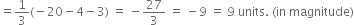 equals 1 third left parenthesis negative 20 minus 4 minus 3 right parenthesis space equals space minus 27 over 3 space equals space minus 9 space equals space 9 space units. space left parenthesis in space magnitude right parenthesis