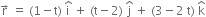 straight r with rightwards arrow on top space equals space left parenthesis 1 minus straight t right parenthesis space straight i with hat on top space plus space left parenthesis straight t minus 2 right parenthesis space straight j with hat on top space plus space left parenthesis 3 minus 2 space straight t right parenthesis space straight k with hat on top