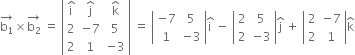 stack straight b subscript 1 with rightwards arrow on top cross times stack straight b subscript 2 with rightwards arrow on top space equals space open vertical bar table row cell straight i with hat on top end cell cell straight j with hat on top end cell cell straight k with hat on top end cell row 2 cell negative 7 end cell 5 row 2 1 cell negative 3 end cell end table close vertical bar space equals space open vertical bar table row cell negative 7 end cell 5 row 1 cell negative 3 end cell end table close vertical bar straight i with hat on top space minus space open vertical bar table row 2 5 row 2 cell negative 3 end cell end table close vertical bar straight j with hat on top space plus space open vertical bar table row 2 cell negative 7 end cell row 2 1 end table close vertical bar straight k with hat on top