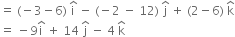 equals space left parenthesis negative 3 minus 6 right parenthesis space straight i with hat on top space minus space left parenthesis negative 2 space minus space 12 right parenthesis space straight j with hat on top space plus space left parenthesis 2 minus 6 right parenthesis space straight k with hat on top
equals space minus 9 straight i with hat on top space plus space 14 space straight j with hat on top space minus space 4 space straight k with hat on top