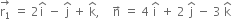 stack straight r subscript 1 with rightwards arrow on top space equals space 2 straight i with hat on top space minus space straight j with hat on top space plus space straight k with hat on top comma space space space space straight n with rightwards arrow on top space equals space 4 space straight i with hat on top space plus space 2 space straight j with hat on top space minus space 3 space straight k with hat on top