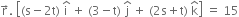 straight r with rightwards arrow on top. space open square brackets left parenthesis straight s minus 2 straight t right parenthesis space straight i with hat on top space plus space left parenthesis 3 minus straight t right parenthesis space straight j with hat on top space plus space left parenthesis 2 straight s plus straight t right parenthesis space straight k with hat on top close square brackets space equals space 15