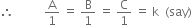 therefore space space space space space space space space space space straight A over 1 space equals space straight B over 1 space equals space straight C over 1 space equals space straight k space space left parenthesis say right parenthesis