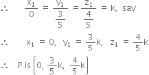 therefore space space space space space space space straight x subscript 1 over 0 space equals space fraction numerator straight y subscript 1 over denominator begin display style 3 over 5 end style end fraction space equals fraction numerator straight z subscript 1 over denominator begin display style 4 over 5 end style end fraction space equals space straight k comma space space say
therefore space space space space space space space space straight x subscript 1 space equals space 0 comma space space space straight y subscript 1 space equals space 3 over 5 straight k comma space space space straight z subscript 1 space equals space 4 over 5 straight k
therefore space space space space straight P space is space open parentheses 0 comma space 3 over 5 straight k comma space space 4 over 5 straight k close parentheses