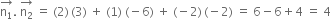 stack straight n subscript 1 with rightwards arrow on top. space stack straight n subscript 2 with rightwards arrow on top space equals space left parenthesis 2 right parenthesis thin space left parenthesis 3 right parenthesis space plus space left parenthesis 1 right parenthesis space left parenthesis negative 6 right parenthesis space plus space left parenthesis negative 2 right parenthesis thin space left parenthesis negative 2 right parenthesis space equals space 6 minus 6 plus 4 space equals space 4