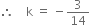 therefore space space space space straight k space equals space minus 3 over 14