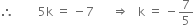 therefore space space space space space space space space 5 straight k space equals space minus 7 space space space space space space rightwards double arrow space space space straight k space equals space minus 7 over 5