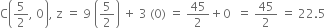 straight C open parentheses 5 over 2 comma space 0 close parentheses comma space straight z space equals space 9 space open parentheses 5 over 2 close parentheses space plus space 3 space left parenthesis 0 right parenthesis space equals space 45 over 2 plus 0 space space equals space 45 over 2 space equals space 22.5