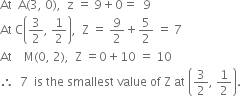 At space space straight A left parenthesis 3 comma space 0 right parenthesis comma space space straight z space equals space 9 plus 0 equals space space 9
At space straight C open parentheses 3 over 2 comma space 1 half close parentheses comma space space straight Z space equals space 9 over 2 plus 5 over 2 space equals space 7
At space space space space straight M left parenthesis 0 comma space 2 right parenthesis comma space space straight Z space equals 0 plus 10 space equals space 10
therefore space space 7 space space is space the space smallest space value space of space straight Z space at space open parentheses 3 over 2 comma space 1 half close parentheses.