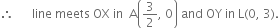 therefore space space space space space space line space meets space OX space in space space straight A open parentheses 3 over 2 comma space 0 close parentheses space and space OY space in space straight L left parenthesis 0 comma space 3 right parenthesis.