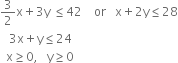 3 over 2 straight x plus 3 straight y space less or equal than 42 space space space space or space space space straight x plus 2 straight y less or equal than 28
space space space 3 straight x plus straight y less or equal than 24
space space straight x greater or equal than 0 comma space space space straight y greater or equal than 0