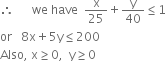 therefore space space space space space space we space have space space straight x over 25 plus straight y over 40 less or equal than 1
or space space space 8 straight x plus 5 straight y less or equal than 200
Also comma space straight x greater or equal than 0 comma space space straight y greater or equal than 0