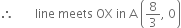 therefore space space space space space space space line space meets space OX space in space straight A space open parentheses 8 over 3 comma space 0 close parentheses