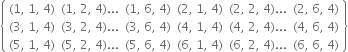 open curly brackets table row cell left parenthesis 1 comma space 1 comma space 4 right parenthesis end cell cell left parenthesis 1 comma space 2 comma space 4 right parenthesis... end cell cell left parenthesis 1 comma space 6 comma space 4 right parenthesis end cell cell left parenthesis 2 comma space 1 comma space 4 right parenthesis end cell cell left parenthesis 2 comma space 2 comma space 4 right parenthesis... end cell cell left parenthesis 2 comma space 6 comma space 4 right parenthesis end cell row cell left parenthesis 3 comma space 1 comma space 4 right parenthesis end cell cell left parenthesis 3 comma space 2 comma space 4 right parenthesis... end cell cell left parenthesis 3 comma space 6 comma space 4 right parenthesis end cell cell left parenthesis 4 comma space 1 comma space 4 right parenthesis end cell cell left parenthesis 4 comma space 2 comma space 4 right parenthesis... end cell cell left parenthesis 4 comma space 6 comma space 4 right parenthesis end cell row cell left parenthesis 5 comma space 1 comma space 4 right parenthesis end cell cell left parenthesis 5 comma space 2 comma space 4 right parenthesis... end cell cell left parenthesis 5 comma space 6 comma space 4 right parenthesis end cell cell left parenthesis 6 comma space 1 comma space 4 right parenthesis end cell cell left parenthesis 6 comma space 2 comma space 4 right parenthesis... end cell cell left parenthesis 6 comma space 6 comma space 4 right parenthesis end cell end table close curly brackets