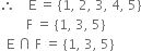 therefore space space space space straight E space equals space open curly brackets 1 comma space 2 comma space 3 comma space 4 comma space 5 close curly brackets
space space space space space space space space straight F space equals space open curly brackets 1 comma space 3 comma space 5 close curly brackets
space space straight E space intersection space straight F space equals space open curly brackets 1 comma space 3 comma space 5 close curly brackets