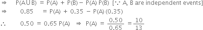 rightwards double arrow space space space space space straight P left parenthesis straight A union straight B right parenthesis space equals space straight P left parenthesis straight A right parenthesis space plus space straight P left parenthesis straight B right parenthesis minus space straight P left parenthesis straight A right parenthesis space straight P left parenthesis straight B right parenthesis space space left square bracket because space straight A comma space straight B space are space independent space events right square bracket
rightwards double arrow space space space space space space space space 0.85 space space space space space equals space straight P left parenthesis straight A right parenthesis space plus space 0.35 space minus space straight P left parenthesis straight A right parenthesis thin space left parenthesis 0.35 right parenthesis
therefore space space space space space space space space space 0.50 space equals space 0.65 space straight P left parenthesis straight A right parenthesis space space space rightwards double arrow space space straight P left parenthesis straight A right parenthesis space equals space fraction numerator 0.50 over denominator 0.65 end fraction space equals 10 over 13