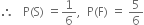 therefore space space space straight P left parenthesis straight S right parenthesis space equals 1 over 6 comma space space straight P left parenthesis straight F right parenthesis space equals space 5 over 6