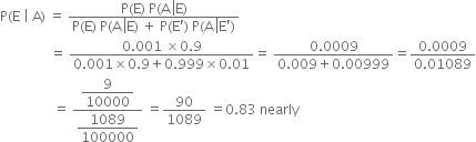 straight P left parenthesis straight E space vertical line space straight A right parenthesis space equals space fraction numerator straight P left parenthesis straight E right parenthesis space straight P left parenthesis straight A space left enclose straight E right parenthesis over denominator straight P left parenthesis straight E right parenthesis space straight P left parenthesis straight A space left enclose straight E right parenthesis space plus space straight P left parenthesis straight E apostrophe right parenthesis space straight P left parenthesis straight A space left enclose straight E apostrophe right parenthesis end fraction
space space space space space space space space space space space space space space space equals space fraction numerator 0.001 space cross times 0.9 over denominator 0.001 cross times 0.9 plus 0.999 cross times 0.01 end fraction equals space fraction numerator 0.0009 over denominator 0.009 plus 0.00999 end fraction equals fraction numerator 0.0009 over denominator 0.01089 end fraction
space space space space space space space space space space space space space space space space equals space fraction numerator begin display style 9 over 10000 end style over denominator begin display style 1089 over 100000 end style end fraction space equals 90 over 1089 space equals 0.83 space nearly