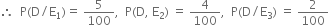 therefore space space straight P left parenthesis straight D divided by straight E subscript 1 right parenthesis equals space 5 over 100 comma space space straight P left parenthesis straight D comma space straight E subscript 2 right parenthesis space equals space 4 over 100 comma space space straight P left parenthesis straight D divided by straight E subscript 3 right parenthesis space equals space 2 over 100