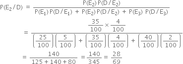 straight P left parenthesis straight E subscript 2 divided by straight D right parenthesis space equals space fraction numerator straight P left parenthesis straight E subscript 2 right parenthesis thin space straight P left parenthesis straight D divided by straight E subscript 2 right parenthesis over denominator straight P left parenthesis straight E subscript 1 right parenthesis thin space straight P left parenthesis straight D divided by straight E subscript 1 right parenthesis space plus space straight P left parenthesis straight E subscript 2 right parenthesis thin space straight P left parenthesis straight D divided by straight E subscript 2 right parenthesis space plus space straight P left parenthesis straight E subscript 3 right parenthesis thin space space straight P left parenthesis straight D divided by straight E subscript 3 right parenthesis end fraction
space space space space space space space space space space space space space space space equals space fraction numerator begin display style 35 over 100 end style cross times begin display style 4 over 100 end style over denominator open parentheses begin display style 25 over 100 end style close parentheses space open parentheses begin display style 5 over 100 end style close parentheses space plus space open parentheses begin display style 35 over 100 end style close parentheses space open parentheses begin display style 4 over 100 end style close parentheses space plus space open parentheses begin display style 40 over 100 end style close parentheses space open parentheses begin display style 2 over 100 end style close parentheses end fraction
space space space space space space space space space space space space space space equals space fraction numerator 140 over denominator 125 plus 140 plus 80 end fraction space equals 140 over 345 equals space 28 over 69