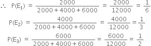 therefore space space space straight P left parenthesis straight E subscript 1 right parenthesis space equals space fraction numerator 2000 over denominator 2000 plus 4000 plus 6000 end fraction space equals space 2000 over 12000 space equals space 1 over 6
space space space space space space straight P left parenthesis straight E subscript 2 right parenthesis space equals space fraction numerator 4000 over denominator 2000 plus 4000 plus 6000 end fraction space equals space 4000 over 12000 equals 1 third
space space space space space straight P left parenthesis straight E subscript 3 right parenthesis space equals space fraction numerator 6000 over denominator 2000 plus 4000 plus 6000 end fraction equals space 6000 over 12000 equals space 1 half