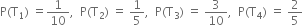 straight P left parenthesis straight T subscript 1 right parenthesis space equals 1 over 10 comma space space straight P left parenthesis straight T subscript 2 right parenthesis space equals space 1 fifth comma space space straight P left parenthesis straight T subscript 3 right parenthesis space equals space 3 over 10 comma space space straight P left parenthesis straight T subscript 4 right parenthesis space equals space 2 over 5