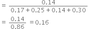 equals space fraction numerator 0.14 over denominator 0.17 plus 0.25 plus 0.14 plus 0.30 end fraction
equals space fraction numerator 0.14 over denominator 0.86 end fraction space equals 0.16