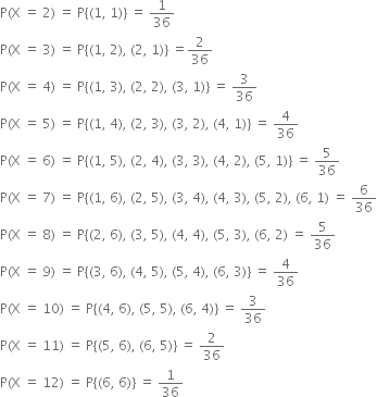 straight P left parenthesis straight X space equals space 2 right parenthesis space equals space straight P open curly brackets left parenthesis 1 comma space 1 right parenthesis close curly brackets space equals space 1 over 36
straight P left parenthesis straight X space equals space 3 right parenthesis space equals space straight P open curly brackets left parenthesis 1 comma space 2 right parenthesis comma space left parenthesis 2 comma space 1 right parenthesis close curly brackets space equals 2 over 36
straight P left parenthesis straight X space equals space 4 right parenthesis space equals space straight P left curly bracket left parenthesis 1 comma space 3 right parenthesis comma space left parenthesis 2 comma space 2 right parenthesis comma space left parenthesis 3 comma space 1 right parenthesis right curly bracket space equals space 3 over 36
straight P left parenthesis straight X space equals space 5 right parenthesis space equals space straight P left curly bracket left parenthesis 1 comma space 4 right parenthesis comma space left parenthesis 2 comma space 3 right parenthesis comma space left parenthesis 3 comma space 2 right parenthesis comma space left parenthesis 4 comma space 1 right parenthesis right curly bracket space equals space 4 over 36
straight P left parenthesis straight X space equals space 6 right parenthesis space equals space straight P left curly bracket left parenthesis 1 comma space 5 right parenthesis comma space left parenthesis 2 comma space 4 right parenthesis comma space left parenthesis 3 comma space 3 right parenthesis comma space left parenthesis 4 comma space 2 right parenthesis comma space left parenthesis 5 comma space 1 right parenthesis right curly bracket space equals space 5 over 36
straight P left parenthesis straight X space equals space 7 right parenthesis space equals space straight P left curly bracket left parenthesis 1 comma space 6 right parenthesis comma space left parenthesis 2 comma space 5 right parenthesis comma space left parenthesis 3 comma space 4 right parenthesis comma space left parenthesis 4 comma space 3 right parenthesis comma space left parenthesis 5 comma space 2 right parenthesis comma space left parenthesis 6 comma space 1 right parenthesis space equals space 6 over 36
straight P left parenthesis straight X space equals space 8 right parenthesis space equals space straight P left curly bracket left parenthesis 2 comma space 6 right parenthesis comma space left parenthesis 3 comma space 5 right parenthesis comma space left parenthesis 4 comma space 4 right parenthesis comma space left parenthesis 5 comma space 3 right parenthesis comma space left parenthesis 6 comma space 2 right parenthesis space equals space 5 over 36
straight P left parenthesis straight X space equals space 9 right parenthesis space equals space straight P left curly bracket left parenthesis 3 comma space 6 right parenthesis comma space left parenthesis 4 comma space 5 right parenthesis comma space left parenthesis 5 comma space 4 right parenthesis comma space left parenthesis 6 comma space 3 right parenthesis right curly bracket space equals space 4 over 36
straight P left parenthesis straight X space equals space 10 right parenthesis space equals space straight P left curly bracket left parenthesis 4 comma space 6 right parenthesis comma space left parenthesis 5 comma space 5 right parenthesis comma space left parenthesis 6 comma space 4 right parenthesis right curly bracket space equals space 3 over 36
straight P left parenthesis straight X space equals space 11 right parenthesis space equals space straight P left curly bracket left parenthesis 5 comma space 6 right parenthesis comma space left parenthesis 6 comma space 5 right parenthesis right curly bracket space equals space 2 over 36
straight P left parenthesis straight X space equals space 12 right parenthesis space equals space straight P left curly bracket left parenthesis 6 comma space 6 right parenthesis right curly bracket space equals space 1 over 36