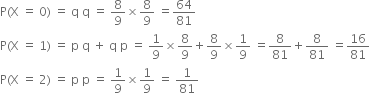 straight P left parenthesis straight X space equals space 0 right parenthesis space equals space straight q space straight q space equals space 8 over 9 cross times 8 over 9 space equals 64 over 81
straight P left parenthesis straight X space equals space 1 right parenthesis space equals space straight p space straight q space plus space straight q space straight p space equals space 1 over 9 cross times 8 over 9 plus 8 over 9 cross times 1 over 9 space equals 8 over 81 plus 8 over 81 space equals 16 over 81
straight P left parenthesis straight X space equals space 2 right parenthesis space equals space straight p space straight p space equals space 1 over 9 cross times 1 over 9 space equals space 1 over 81