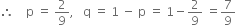 therefore space space space space straight p space equals space 2 over 9 comma space space space straight q space equals space 1 space minus space straight p space equals space 1 minus 2 over 9 space equals 7 over 9