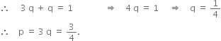 therefore space space space space space 3 space straight q space plus space straight q space equals space 1 space space space space space space space space space space space space space space space rightwards double arrow space space space space 4 space straight q space equals space 1 space space space space space rightwards double arrow space space space space straight q space equals space 1 fourth
therefore space space space space straight p space equals space 3 space straight q space equals space 3 over 4.