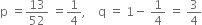 straight p space equals 13 over 52 space equals 1 fourth comma space space space space straight q space equals space 1 minus space 1 fourth space equals space 3 over 4