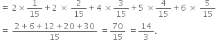 equals space 2 cross times 1 over 15 plus 2 space cross times space 2 over 15 plus 4 space cross times 3 over 15 plus 5 space cross times 4 over 15 plus 6 space cross times space 5 over 15
equals space fraction numerator 2 plus 6 plus 12 plus 20 plus 30 over denominator 15 end fraction space equals 70 over 15 space equals 14 over 3.