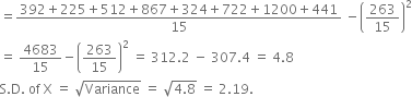 equals fraction numerator 392 plus 225 plus 512 plus 867 plus 324 plus 722 plus 1200 plus 441 over denominator 15 end fraction space minus open parentheses 263 over 15 close parentheses squared
equals space 4683 over 15 minus open parentheses 263 over 15 close parentheses squared space equals space 312.2 space minus space 307.4 space equals space 4.8
straight S. straight D. space of space straight X space equals space square root of Variance space equals space square root of 4.8 end root space equals space 2.19.