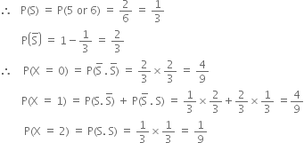 therefore space space space straight P left parenthesis straight S right parenthesis space equals space straight P left parenthesis 5 space or space 6 right parenthesis space equals space 2 over 6 space equals space 1 third
space space space space space space space space straight P open parentheses straight S with bar on top close parentheses space equals space 1 minus 1 third space equals space 2 over 3
therefore space space space space straight P left parenthesis straight X space equals space 0 right parenthesis space equals space straight P left parenthesis straight S with bar on top space. space straight S with bar on top right parenthesis space equals space 2 over 3 cross times 2 over 3 space equals space 4 over 9
space space space space space space space space straight P left parenthesis straight X space equals space 1 right parenthesis space equals space straight P left parenthesis straight S. space straight S with bar on top right parenthesis space plus space straight P left parenthesis straight S with bar on top space. space straight S right parenthesis space equals space 1 third cross times 2 over 3 plus 2 over 3 cross times 1 third space equals 4 over 9
space space space space space space space space space straight P left parenthesis straight X space equals space 2 right parenthesis space equals space straight P left parenthesis straight S. space straight S right parenthesis space equals space 1 third cross times 1 third space equals space 1 over 9