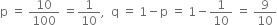 straight p space equals space 10 over 100 space equals 1 over 10 comma space space straight q space equals space 1 minus straight p space equals space 1 minus 1 over 10 space equals space 9 over 10