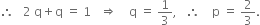 therefore space space space 2 space straight q plus straight q space equals space 1 space space space rightwards double arrow space space space space straight q space equals space 1 third comma space space space therefore space space space space straight p space equals space 2 over 3.