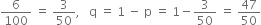 6 over 100 space equals space 3 over 50 comma space space space straight q space equals space 1 space minus space straight p space equals space 1 minus 3 over 50 space equals space 47 over 50