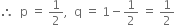 therefore space space straight p space equals space 1 half comma space space straight q space equals space 1 minus 1 half space equals space 1 half