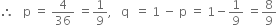 therefore space space space straight p space equals space 4 over 36 space equals 1 over 9 comma space space space straight q space space equals space 1 space minus space straight p space equals space 1 minus 1 over 9 space equals 8 over 9