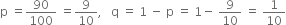 straight p space equals 90 over 100 space equals 9 over 10 comma space space space straight q space equals space 1 space minus space straight p space equals space 1 minus space 9 over 10 space equals space 1 over 10