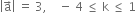 open vertical bar straight a with rightwards arrow on top close vertical bar space equals space 3 comma space space space space minus space 4 space less or equal than space straight k space less or equal than space 1