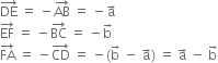 DE with rightwards arrow on top space equals space minus AB with rightwards arrow on top space equals space minus straight a with rightwards arrow on top
EF with rightwards arrow on top space equals space minus BC with rightwards arrow on top space equals space minus straight b with rightwards arrow on top
FA with rightwards arrow on top space equals space minus CD with rightwards arrow on top space equals space minus left parenthesis straight b with rightwards arrow on top space minus space straight a with rightwards arrow on top right parenthesis space equals space straight a with rightwards arrow on top space minus space straight b with rightwards arrow on top