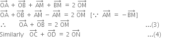 OA with rightwards arrow on top space plus space OB with rightwards arrow on top space plus space AM with rightwards arrow on top space plus space BM with rightwards arrow on top space equals space 2 space OM with rightwards arrow on top
OA with rightwards arrow on top space plus OB with rightwards arrow on top space plus space AM with rightwards arrow on top space minus space AM with rightwards arrow on top space equals space 2 space OM with rightwards arrow on top space space space left square bracket because space space AM with rightwards arrow on top space equals space minus BM with rightwards arrow on top right square bracket
therefore space space space space space space space space OA with rightwards arrow on top space plus space OB with rightwards arrow on top space equals space 2 space OM with rightwards arrow on top space space space space space space space space space space space space space space space space space space space space space space space space space space space space space space space space space space space space space space space space space space space space space space space space space space space... left parenthesis 3 right parenthesis
Similarly space space space space OC with rightwards arrow on top space plus space OD with rightwards arrow on top space equals space 2 space ON with rightwards arrow on top space space space space space space space space space space space space space space space space space space space space space space space space space space space space space space space space space space space space space space space space space space space space space... left parenthesis 4 right parenthesis space space space space space space space space space space space space space space space space space space space space space space