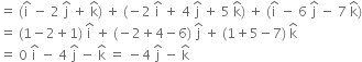 equals space left parenthesis straight i with hat on top space minus space 2 space straight j with hat on top space plus space straight k with hat on top right parenthesis space plus space left parenthesis negative 2 space straight i with hat on top space plus space 4 space straight j with hat on top space plus space 5 space straight k with hat on top right parenthesis space plus space left parenthesis straight i with hat on top space minus space 6 space straight j with hat on top space minus space 7 space straight k with hat on top right parenthesis
equals space left parenthesis 1 minus 2 plus 1 right parenthesis space straight i with hat on top space plus space left parenthesis negative 2 plus 4 minus 6 right parenthesis space straight j with hat on top space plus space left parenthesis 1 plus 5 minus 7 right parenthesis space straight k with hat on top
equals space 0 space straight i with hat on top space minus space 4 space straight j with hat on top space minus space straight k with hat on top space equals space minus 4 space straight j with hat on top space minus space straight k with hat on top